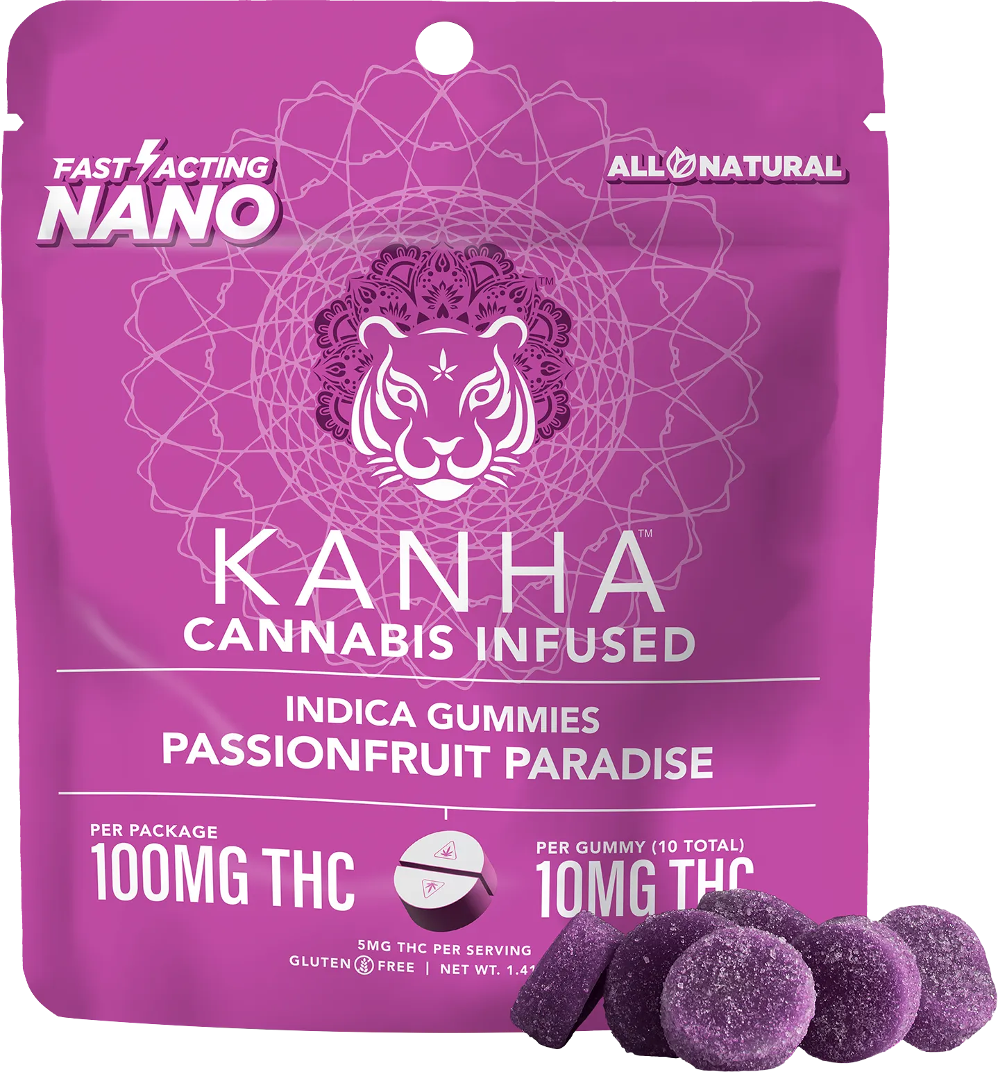 Photograph of product: Kanha | Passionfruit Paradise Indica Nano Gummies | 10 Pack 100mg