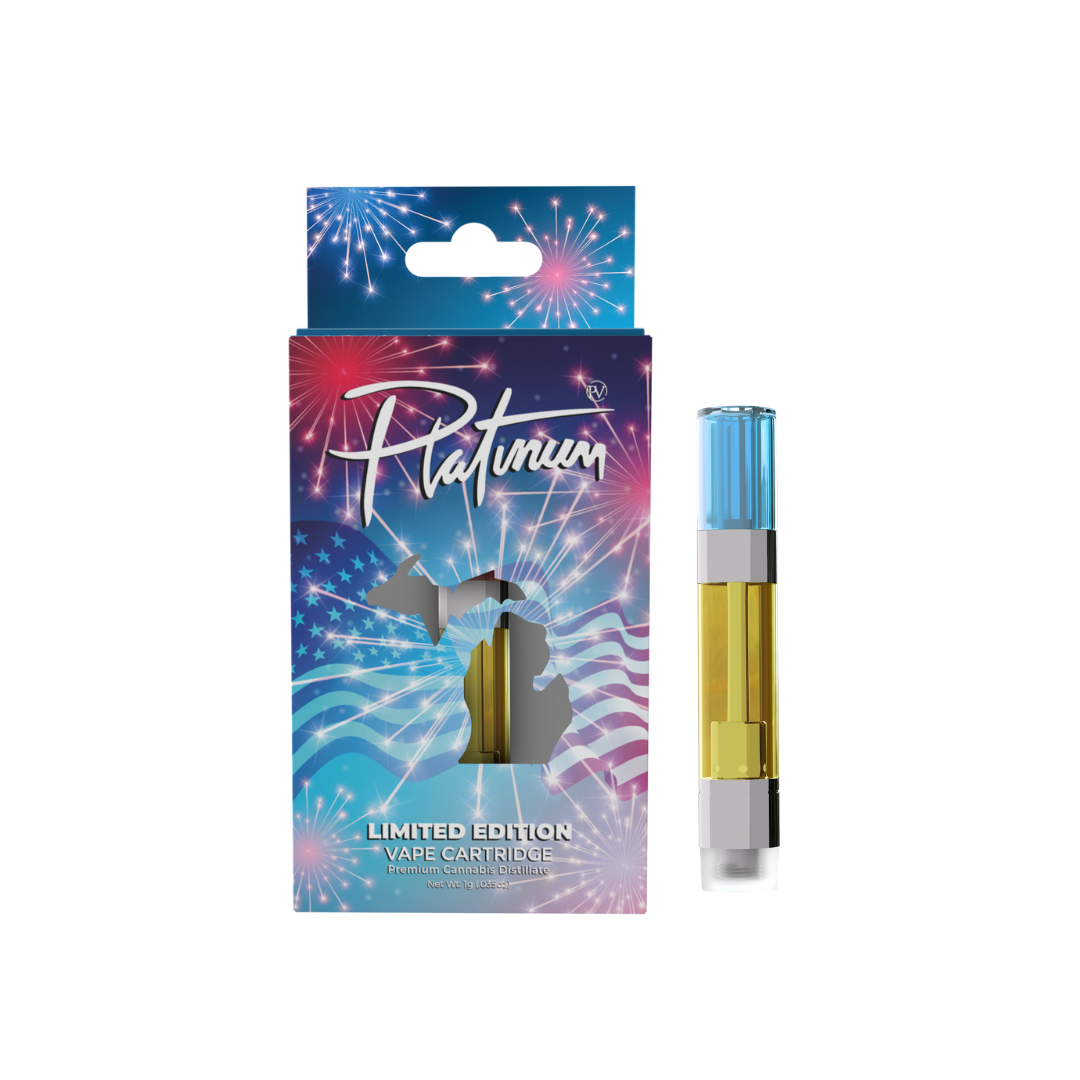 Photograph of product: Limited Edition Platinum Vape | Red, White & Blueberry Distillate Cartridge | 1g