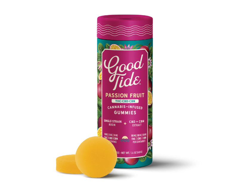 Photograph of product: Good Tide 1:1:1 THC:CBD:CBN Passion Fruit Rosin Gummies 10mg 10pk (100mg)