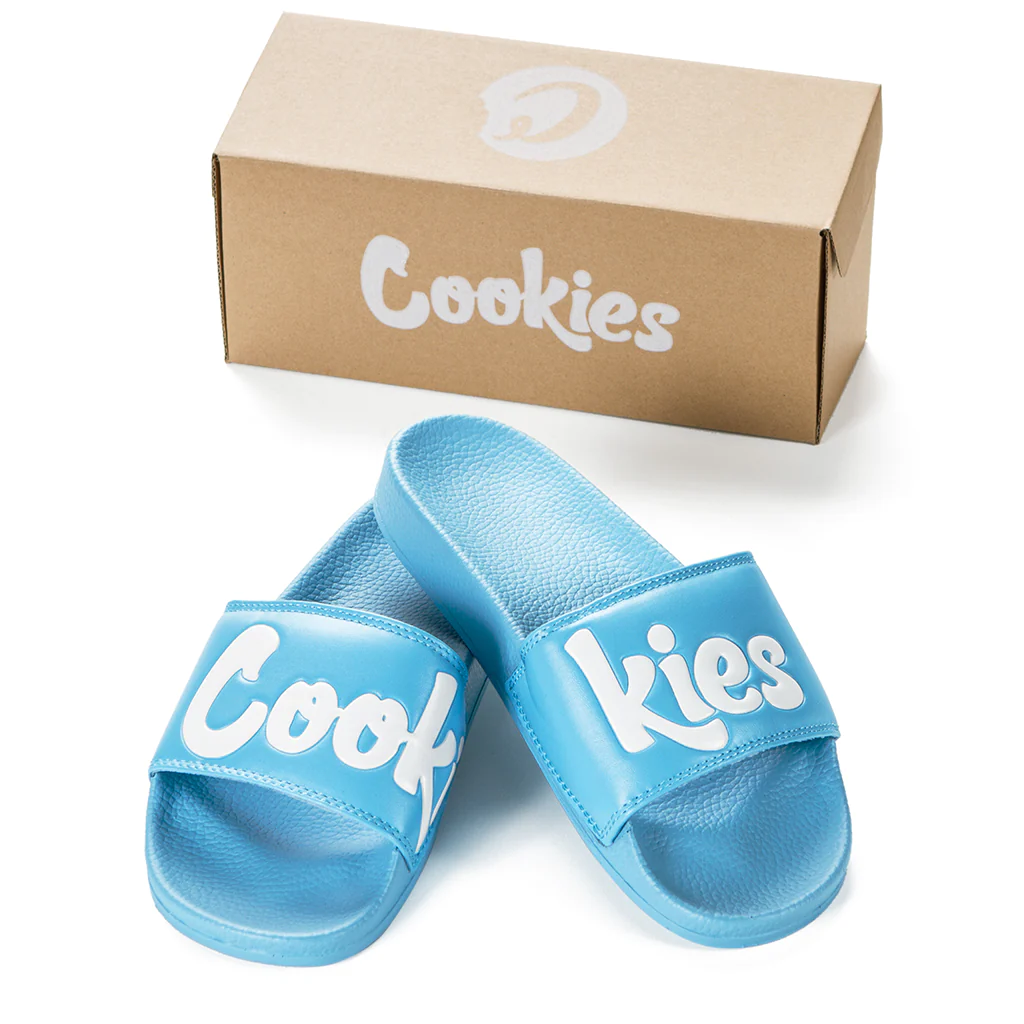 Photograph of product: COOKIES ORIGINAL MINT LOGO FAUX LEATHER (PU) SLIDES - COOKIES BLUE
