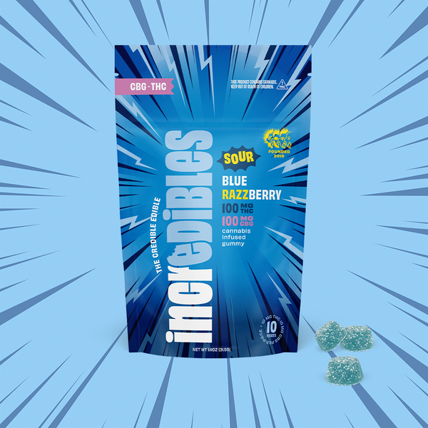 Photograph of product: 1:1 Sour Blue Razzberry + CBG | Gummies | 10 pack | 100mg TH-oui / 100mg CBG