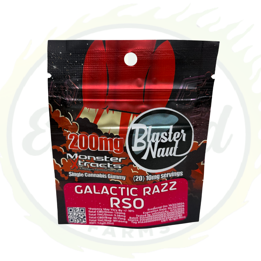 Photograph of product: Monster Xtracts Blasternaut Gummies 200mg RSO Galactic Razz