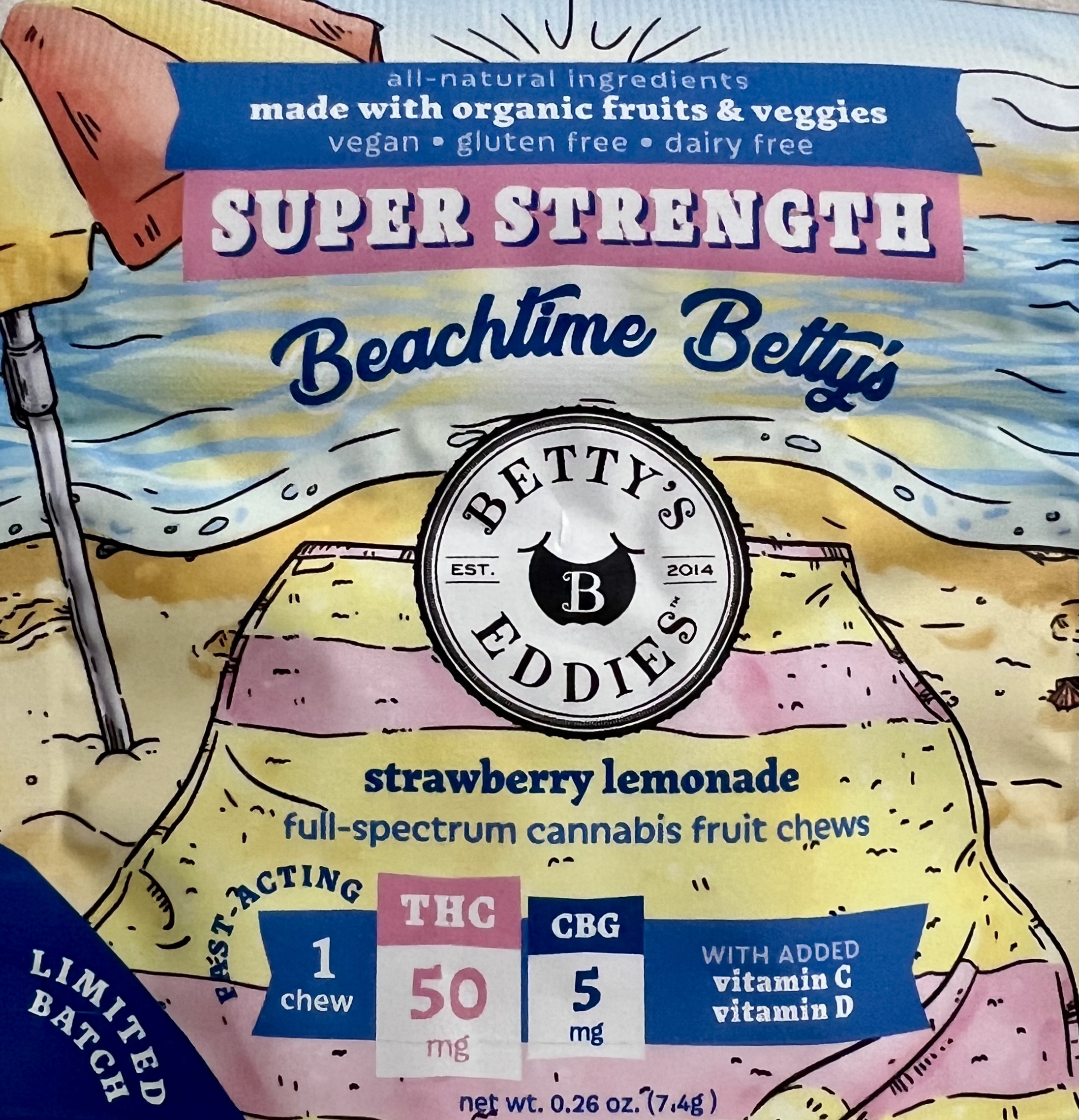 Photograph of product: BETTY'S EDDIES Fruit Chew 50mg: Strawberry Lemonade 10:1 TH-oui:CBG 1pc