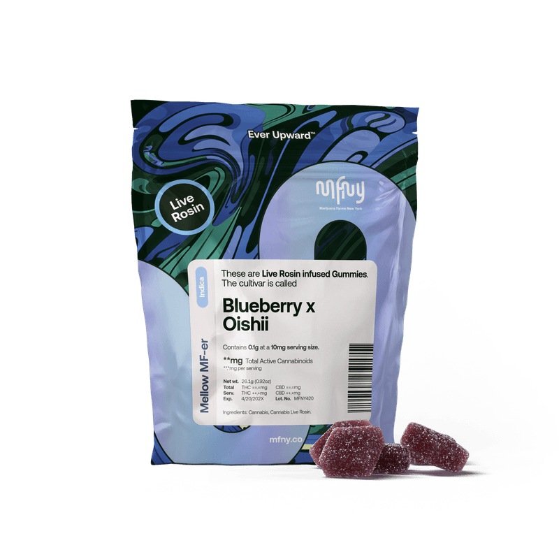 Photograph of product: MFNY | Blueberry x Oishii | Oui'd | Live Rosin Edibles | 10 Pk