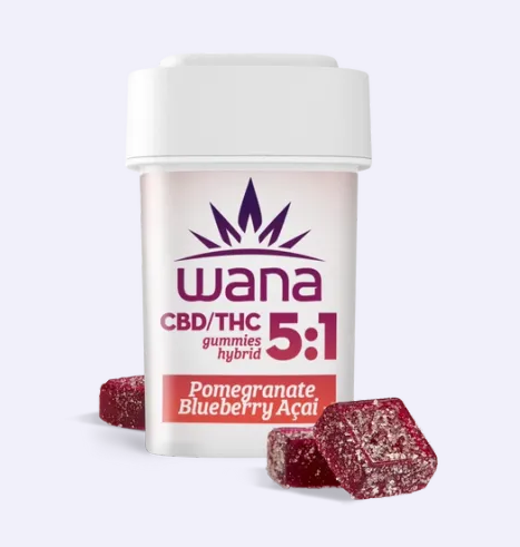 Photograph of product: Sour Pomegranate Blueberry Acai | 25mg CBD: 5mg TH-oui | 20pk Gummies | Wana