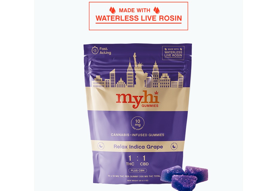 Photograph of product: MyHi | Relax Oui'd Grape | 1:1 TH-oui / CBD + CBN | Waterless Live Rosin Gummies | 10pk