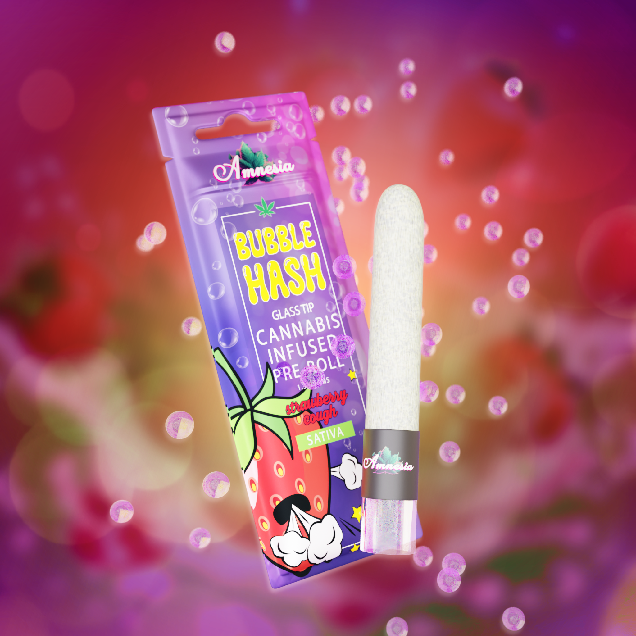 Photograph of product: Amnesia - Strawberry Cough Bubble au chocolat Infused Pre-Roll 1.3g