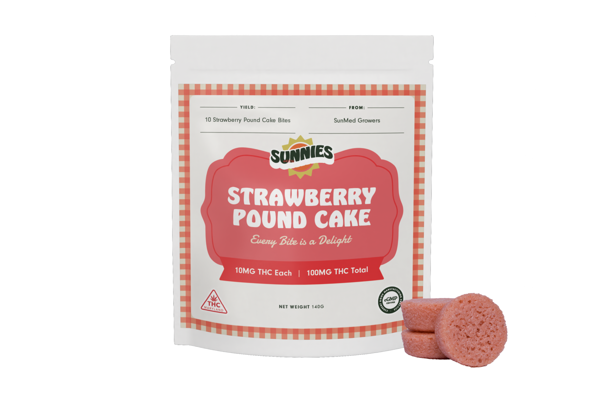 Photograph of product: Sunnies Strawberry Pound Cake Bites 10-Pack 10mg