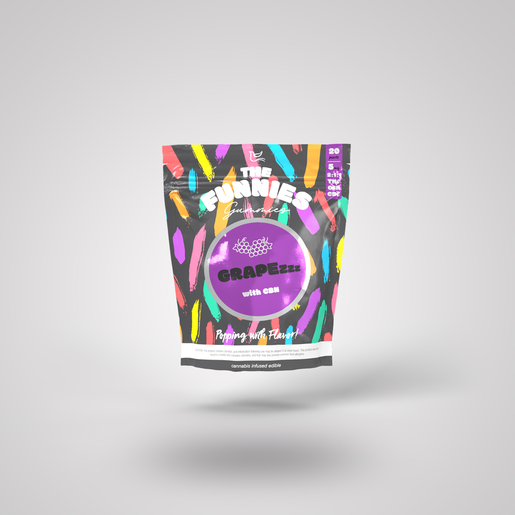 Photograph of product: Grapezzz 2:1:1 | 5mg TH-oui: 2.5mg CBN: 2.5mg CBG | 20pk Gummies | The Funnies Gummies