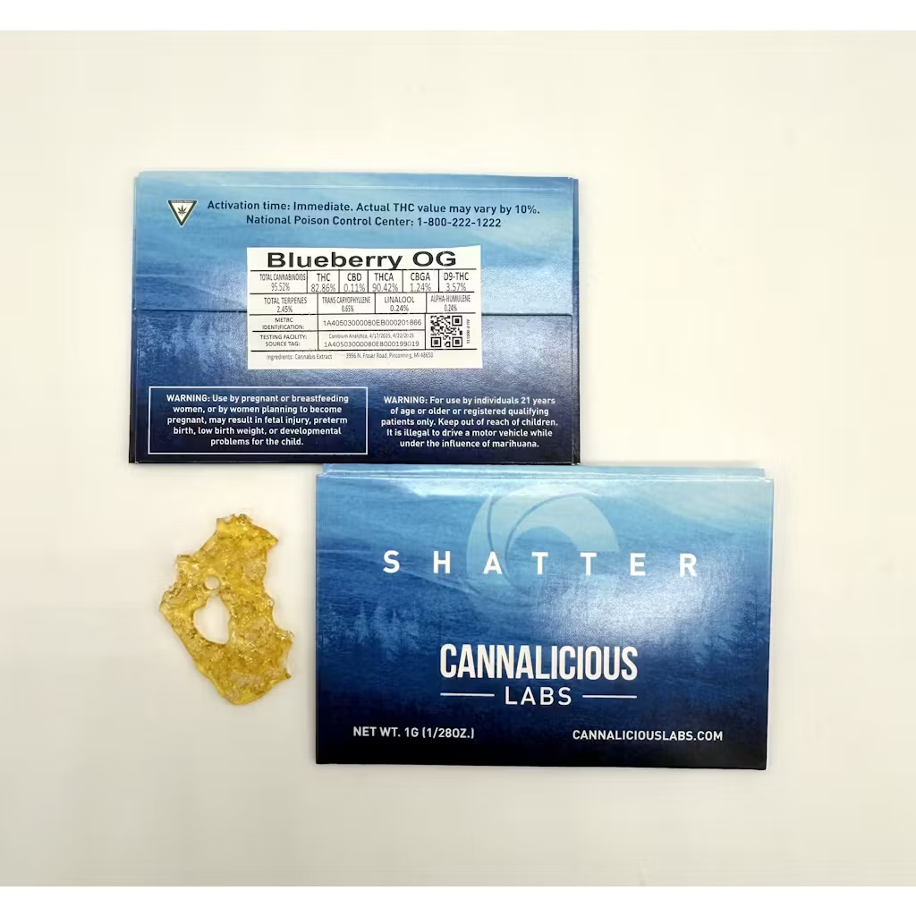 Photograph of product: Cannalicious: Blueberry OG Shatter 1G