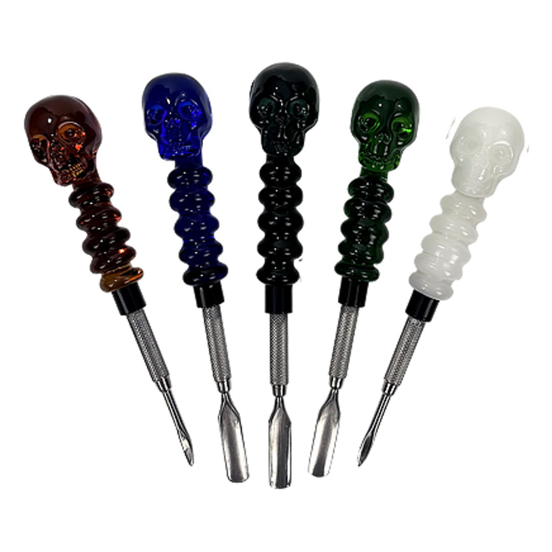 Photograph of product: 6" Sireel | Assorted Colors | Skull Spine Glass & Anodized Steel Dab Tool