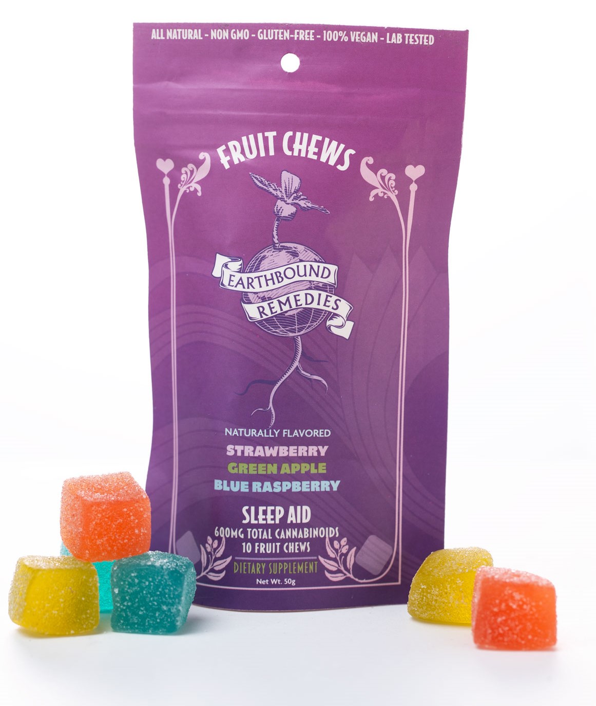 Photograph of product: Earthbound Remedies: Fruit Chew Sleep Aid CBD Gummies 600MG