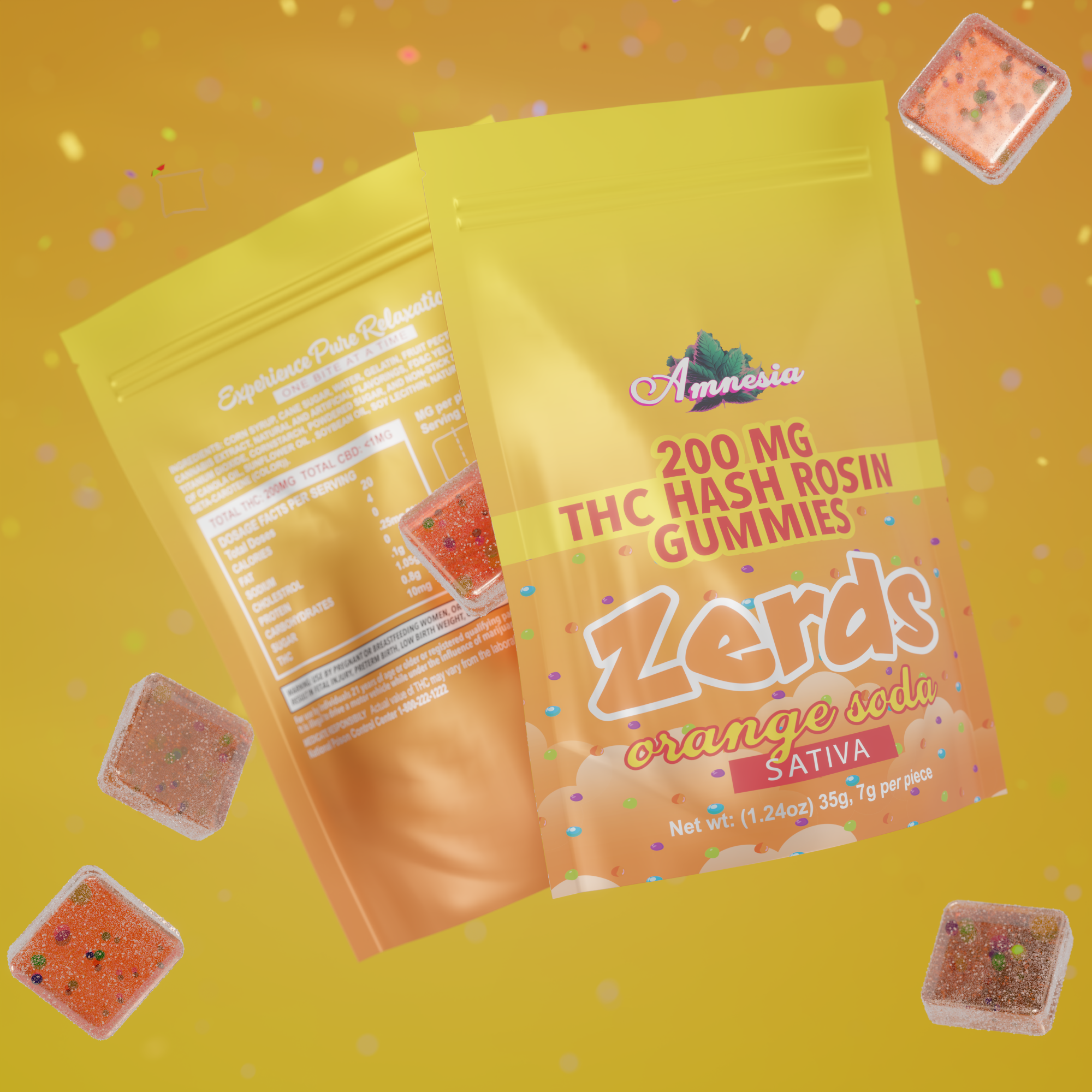 Photograph of product: Amnesia 200mg 1pk au chocolat Rosin Zerds Gummies Orange Soda