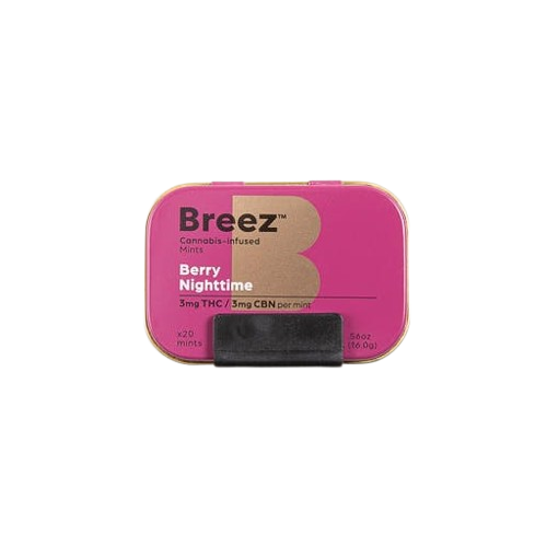 Photograph of product: *Promo* BREEZ | Berry Nighttime Mints Tin (1:1 TH-oui:CBN - 20 Count) | 60mg TH-oui/60mg CBN