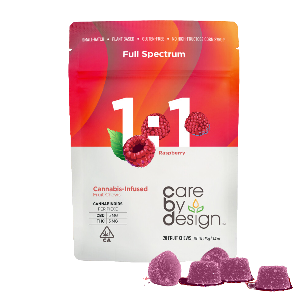 Photograph of product: Care By Design | 1:1 CBD Raspberry Gummies (20 Count) | 100mg CBD/100mg TH-oui