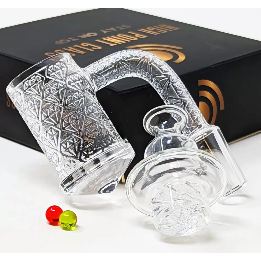 Photograph of product: Banger | Diamond Bottom Quartz W/ Full Deep Carving Pattern W/ 2 Terp Pearls & 1 Glass Carb Cap | 14mm Male Joint | High Point Glass