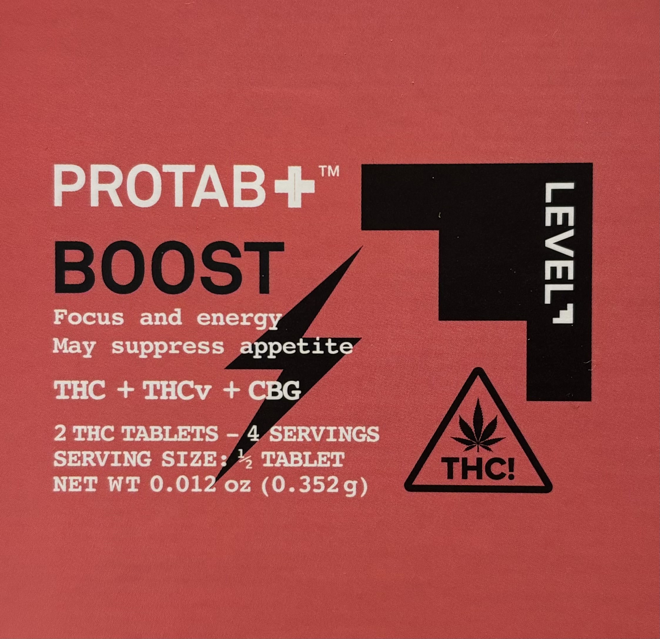 Photograph of product: LEVEL | PROTAB+ | Boost | 10mg TH-oui : 5mg TH-ouiv : 2mg CBG per 1/2 tablet | 2-pk