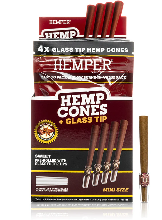 Photograph of product: Accessories | Hemper | Mini Size Hemp Cones + Glass Tip | Sweet | 4pk
