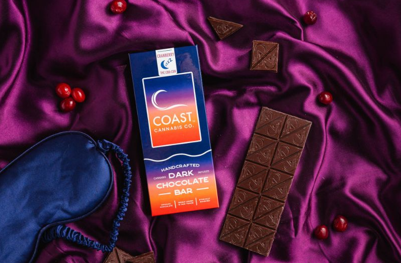 Photograph of product: Coast 1:1:1 TH-oui:CBD:CBN Dark Chocolate and Cranberry Bar 100mg