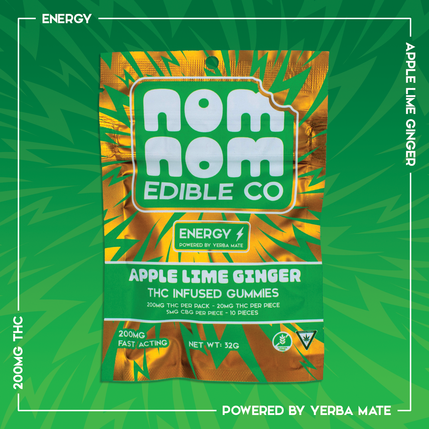 Photograph of product: Nom Nom 200mg Apple Lime Ginger (Energy) Gummies
