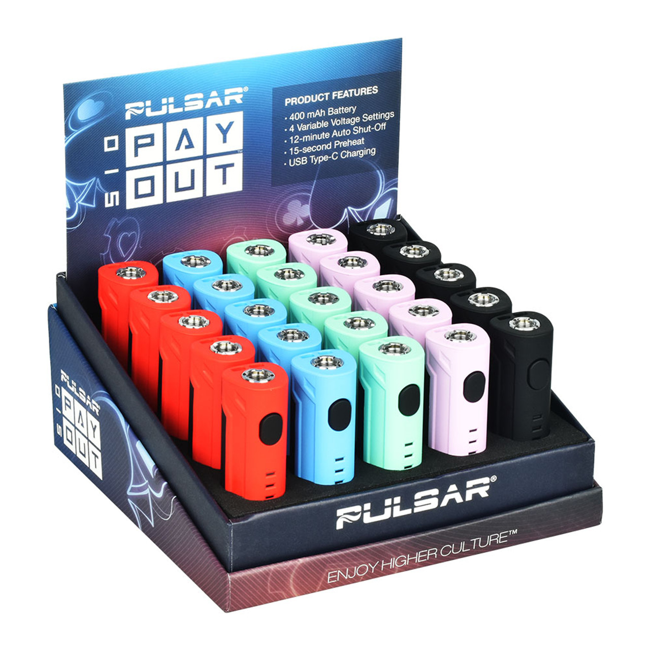 Photograph of product: Pulsar 510 Payout Square Variable Voltage Vape Battery | 400mAh | Assorted Colors