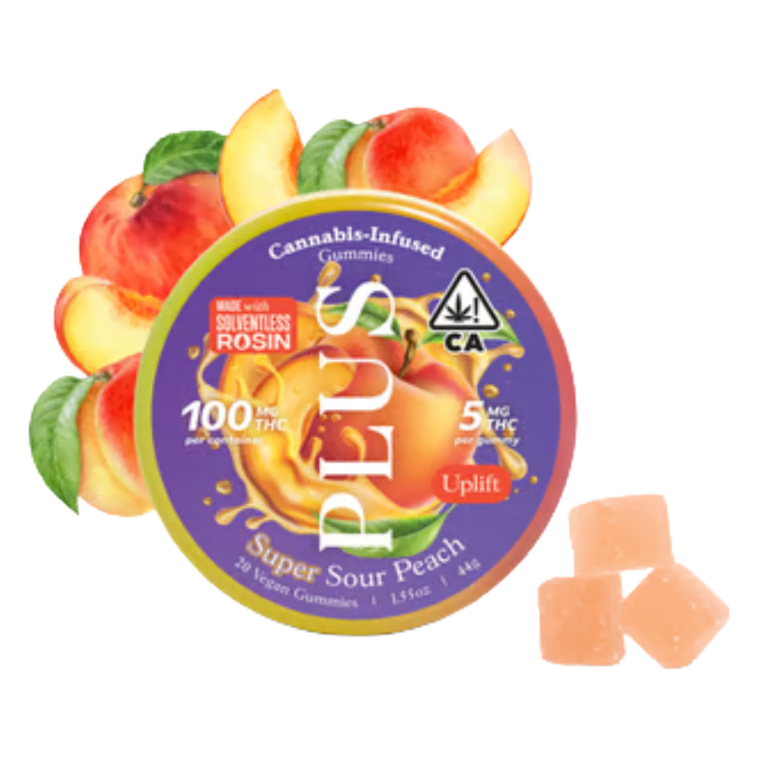 Photograph of product: PLUS - SOUR PEACH SOLVENTLESS GUMMIES 100MG