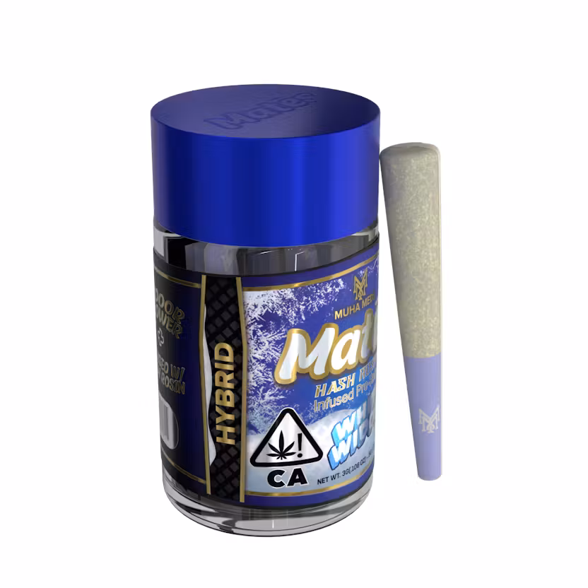 Photograph of product: Muha Meds - Mates 5pk .6 au chocolat Rosin Infused Prerolls - (3g) - Oui'd - **WHITE WIDOW** (2/$35)