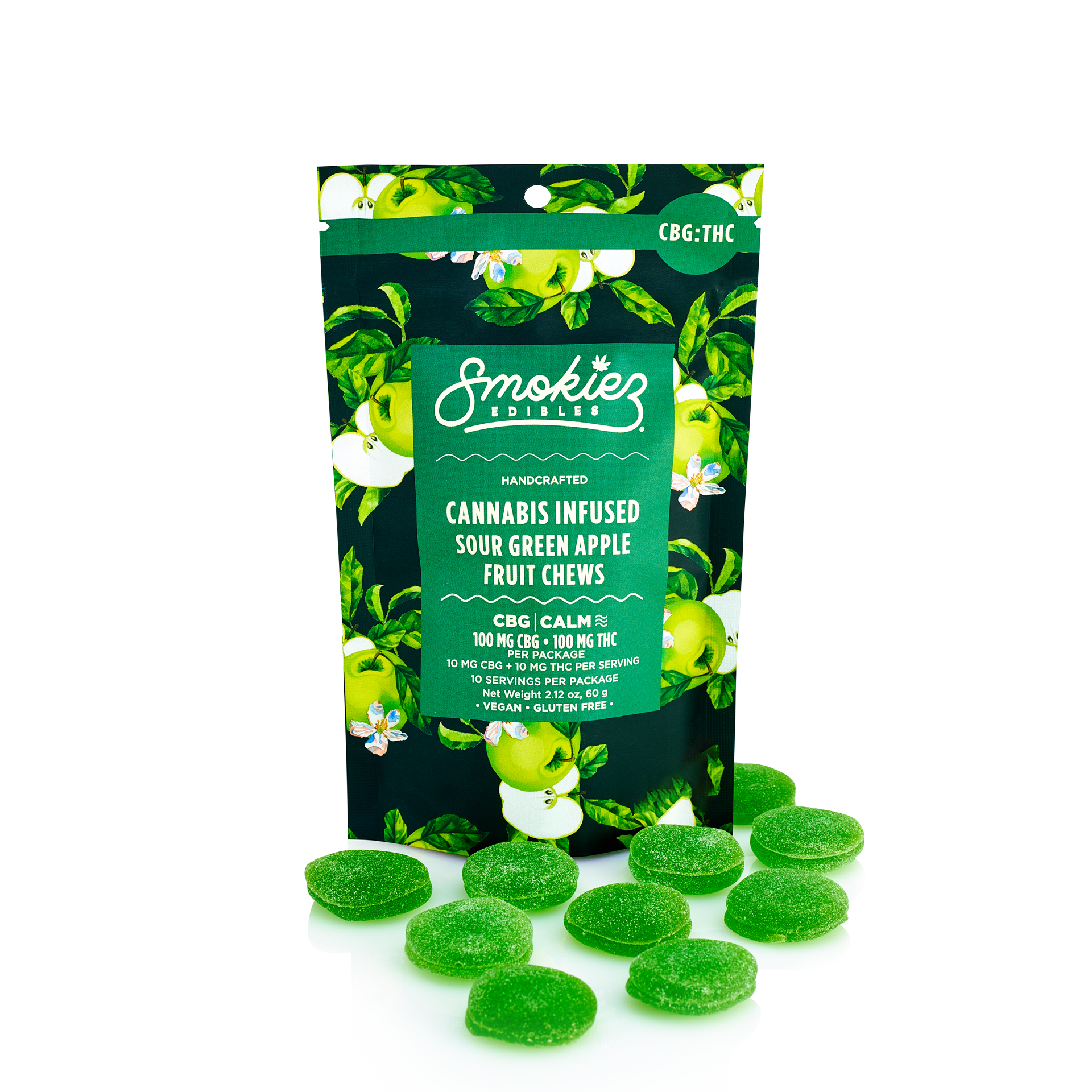 Photograph of product: Smokiez 1:1 Sour Green Apple Gummies 100mg TH-oui/CBG Hybrid