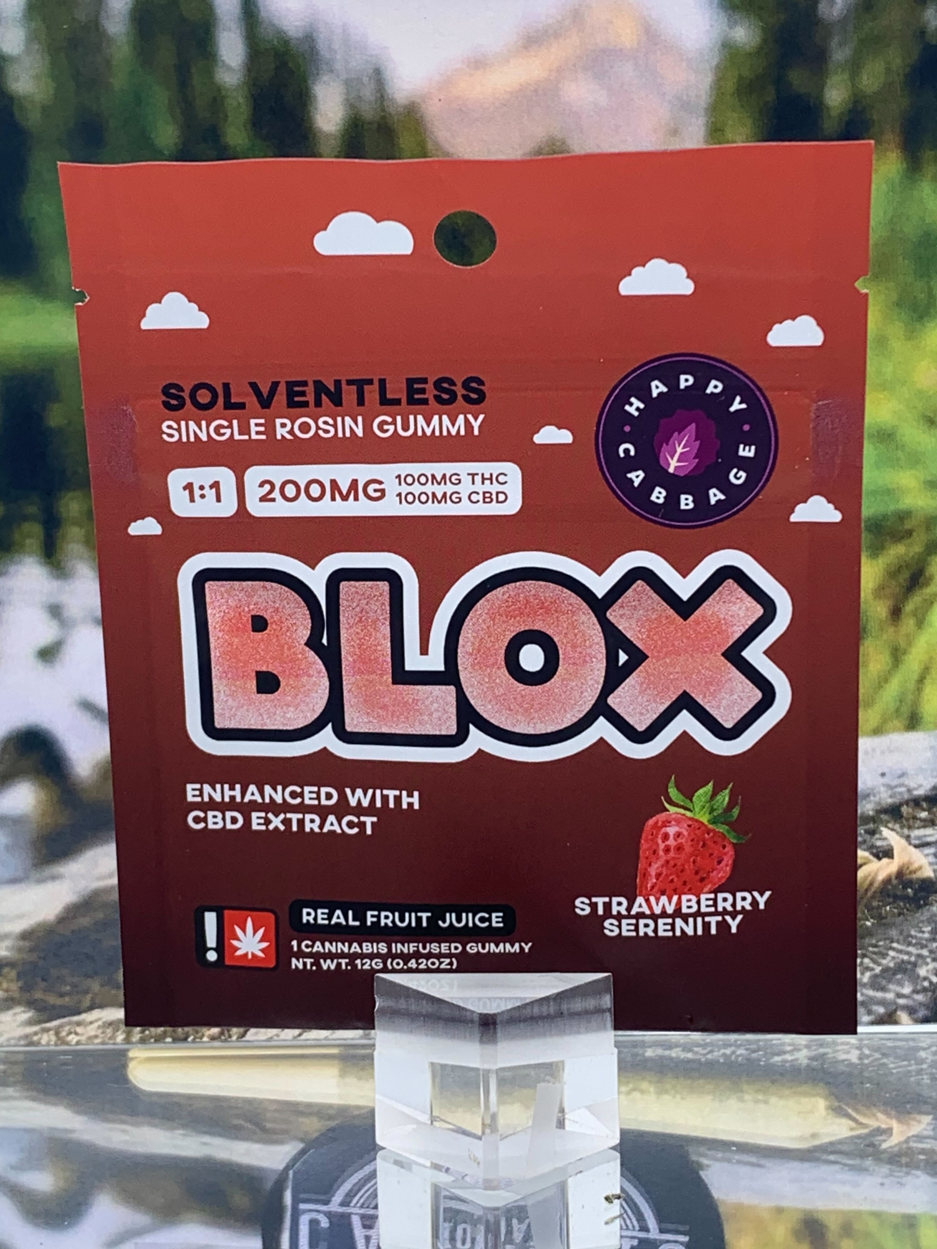 Photograph of product: Rosin Gummy | 1:1 Strawberry Serenity BLOX TH-oui/CBD | 100mg:100mg