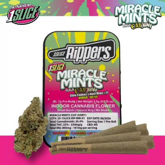 Photograph of product: 1SLICE Rippers Miracle Mints Prerolls 0.7g 5pk