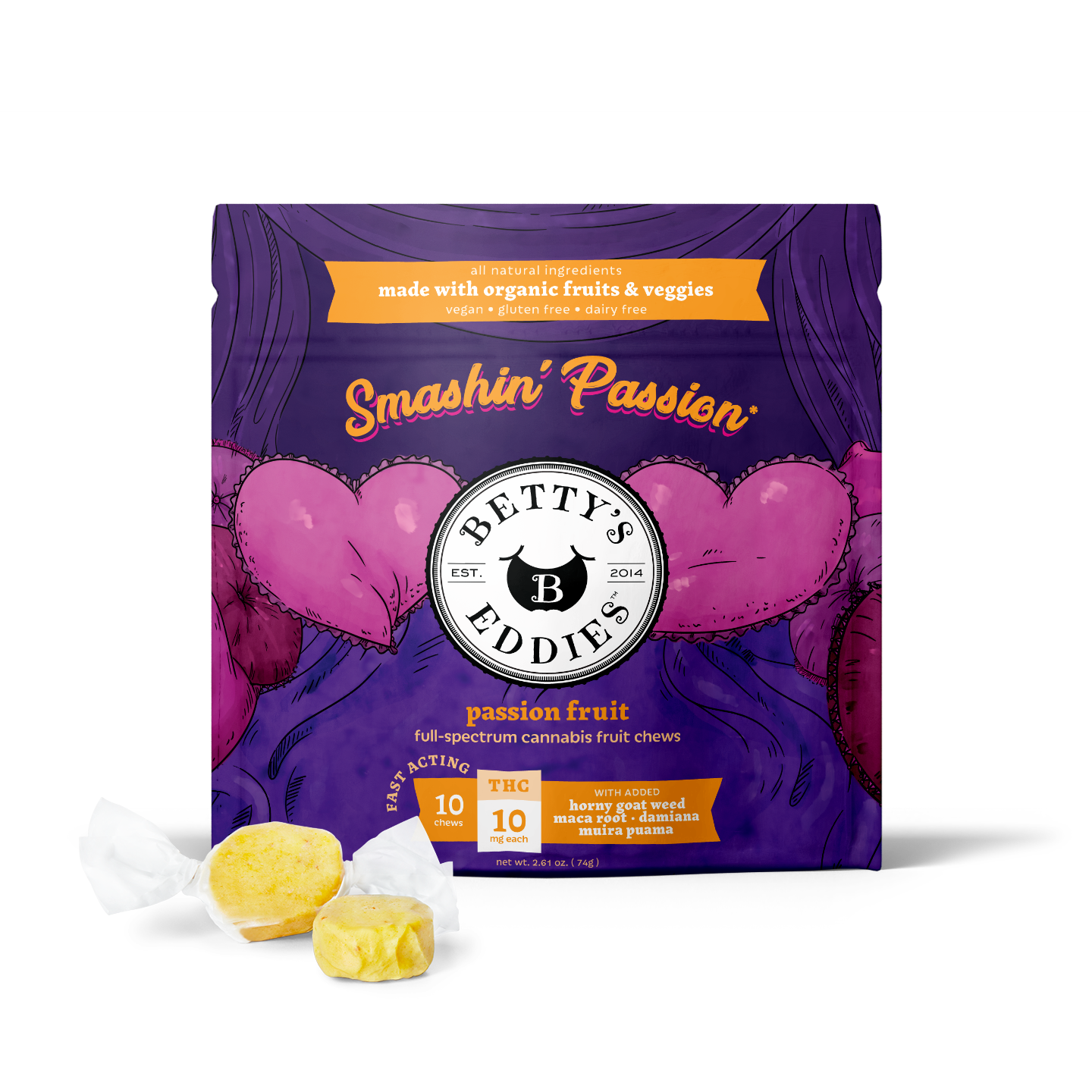 Photograph of product: Passion Fruit | 10mg | 10pk Fruit Chews | Betty's Eddies