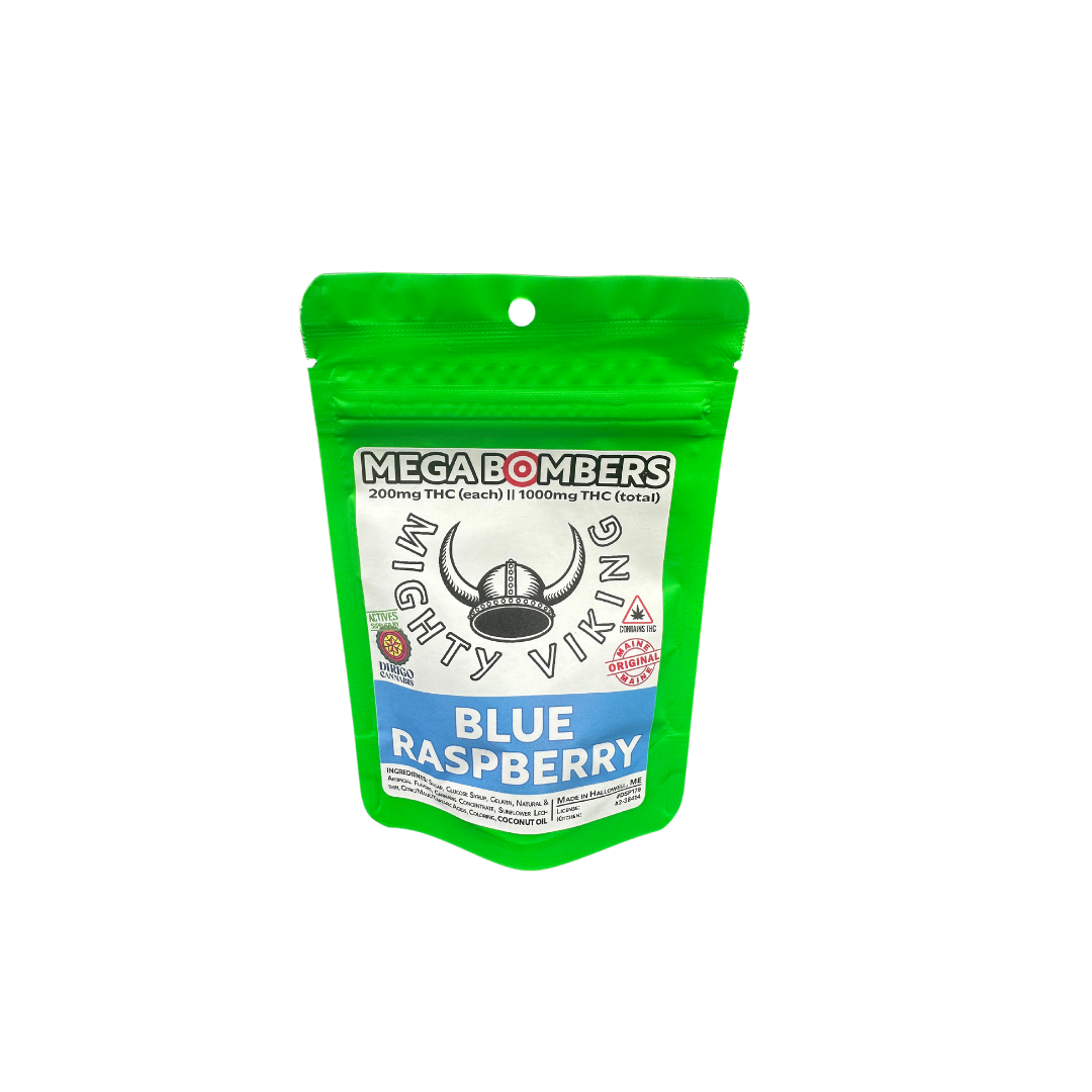 Photograph of product: Mighty Viking 200mg Mega Bomber Gummies - Blue Raspberry