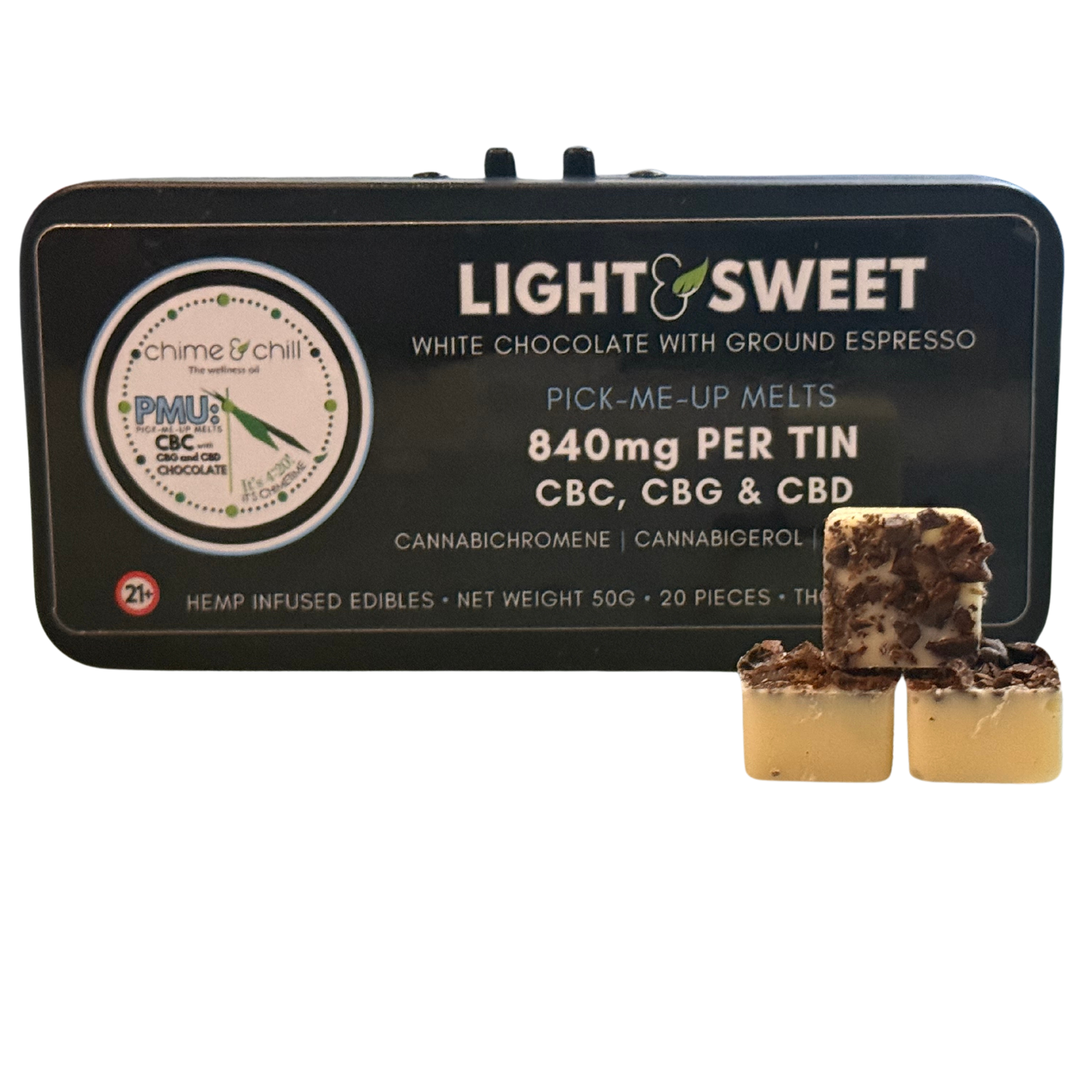 Photograph of Product: Chime & Chill | Light & Sweet | Pick Me Up | mg CBD | Chocolate