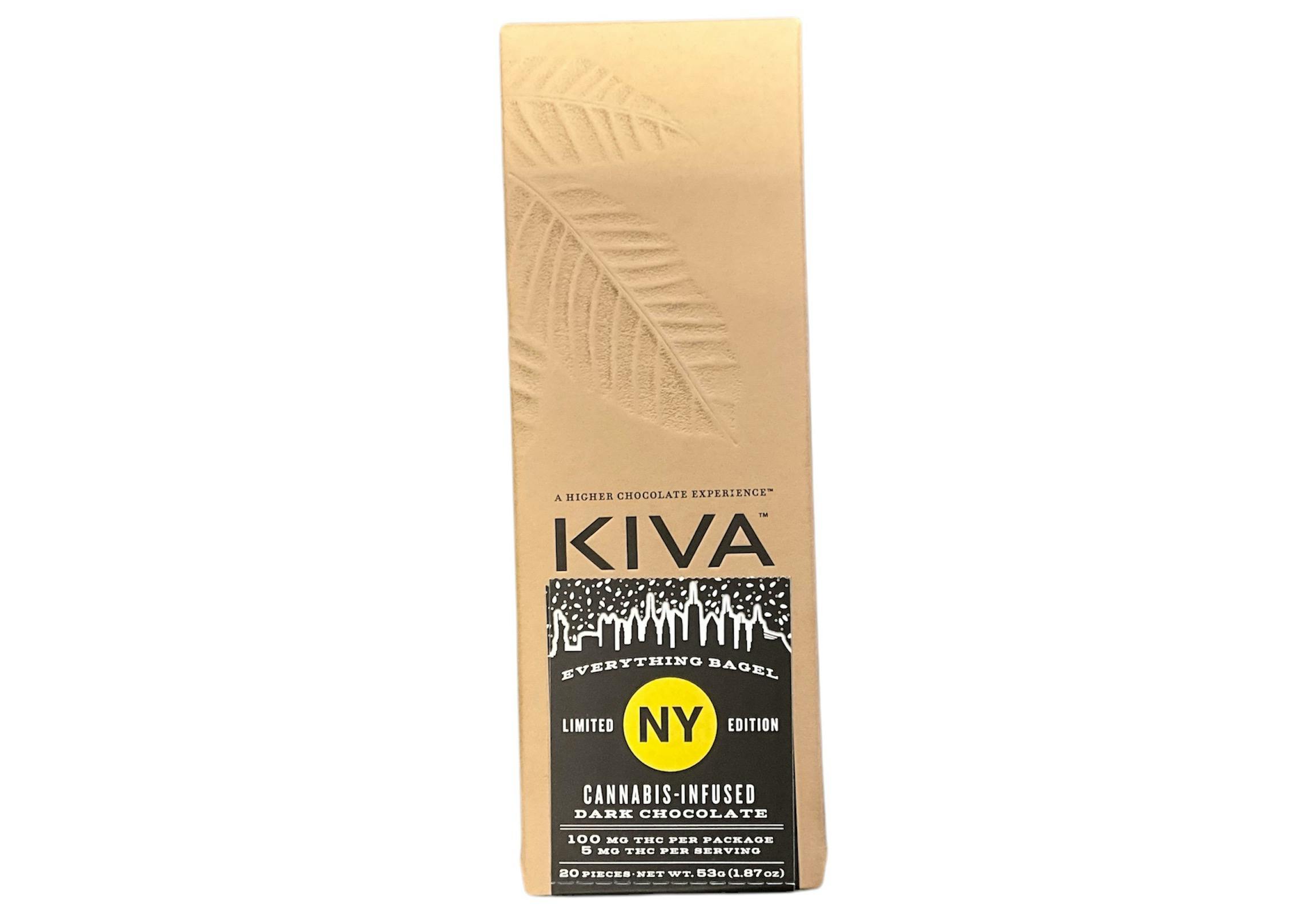 Photograph of product: Kiva | Dark Chocolate | Everything Bagel | 20 Pack | 100mg Thc