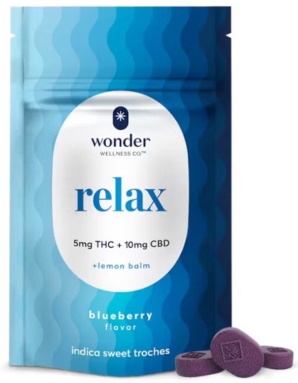 Photograph of product: 20ct/5mg Relax Sweet Troches [1:2 TH-oui:CBD] (Blueberry)