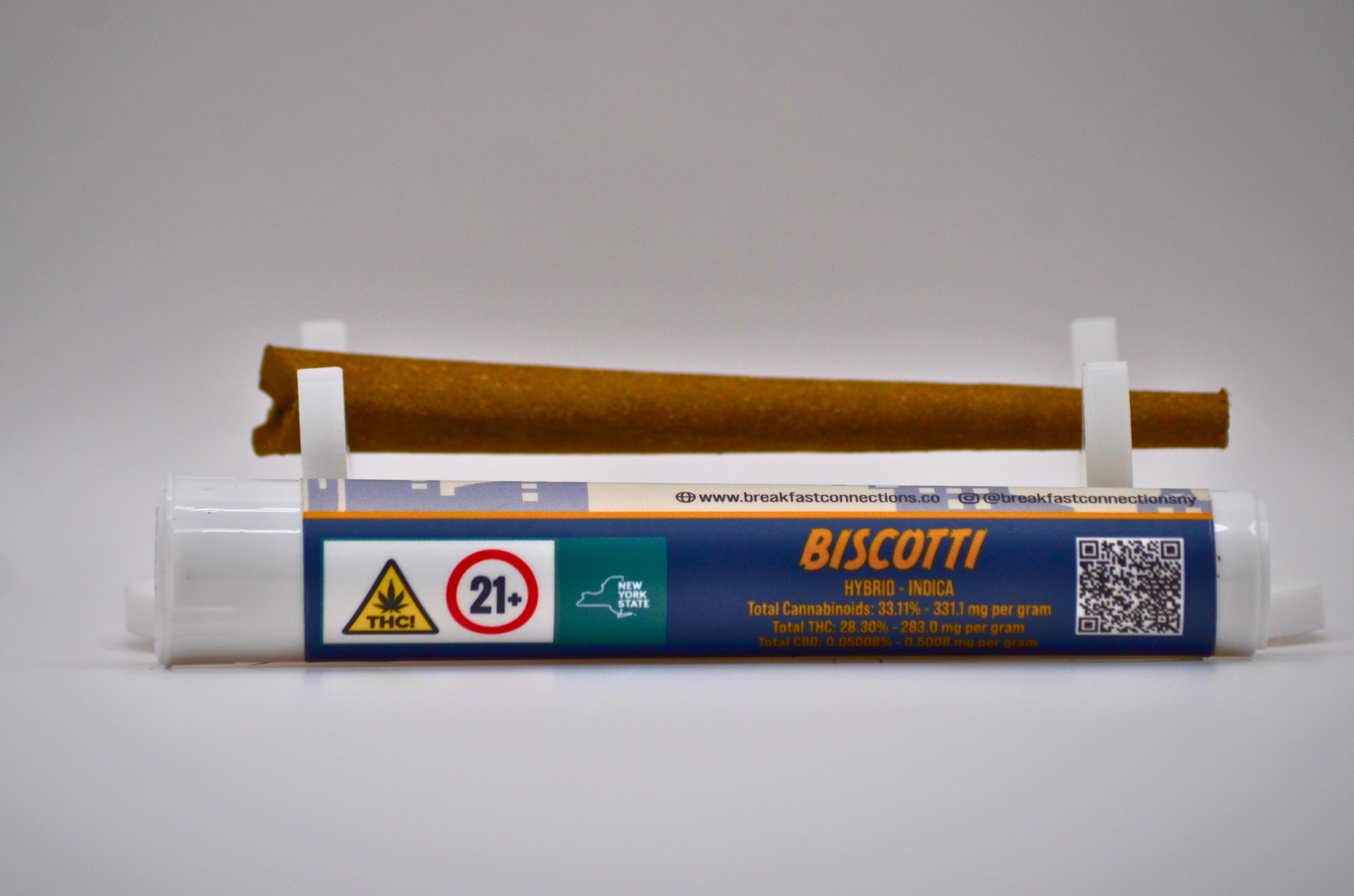 Photograph of product: Breakfast Connection 1g Pre-Roll Blunt- Biscotti Oui'd/Hybrid 28.30%TH-oui