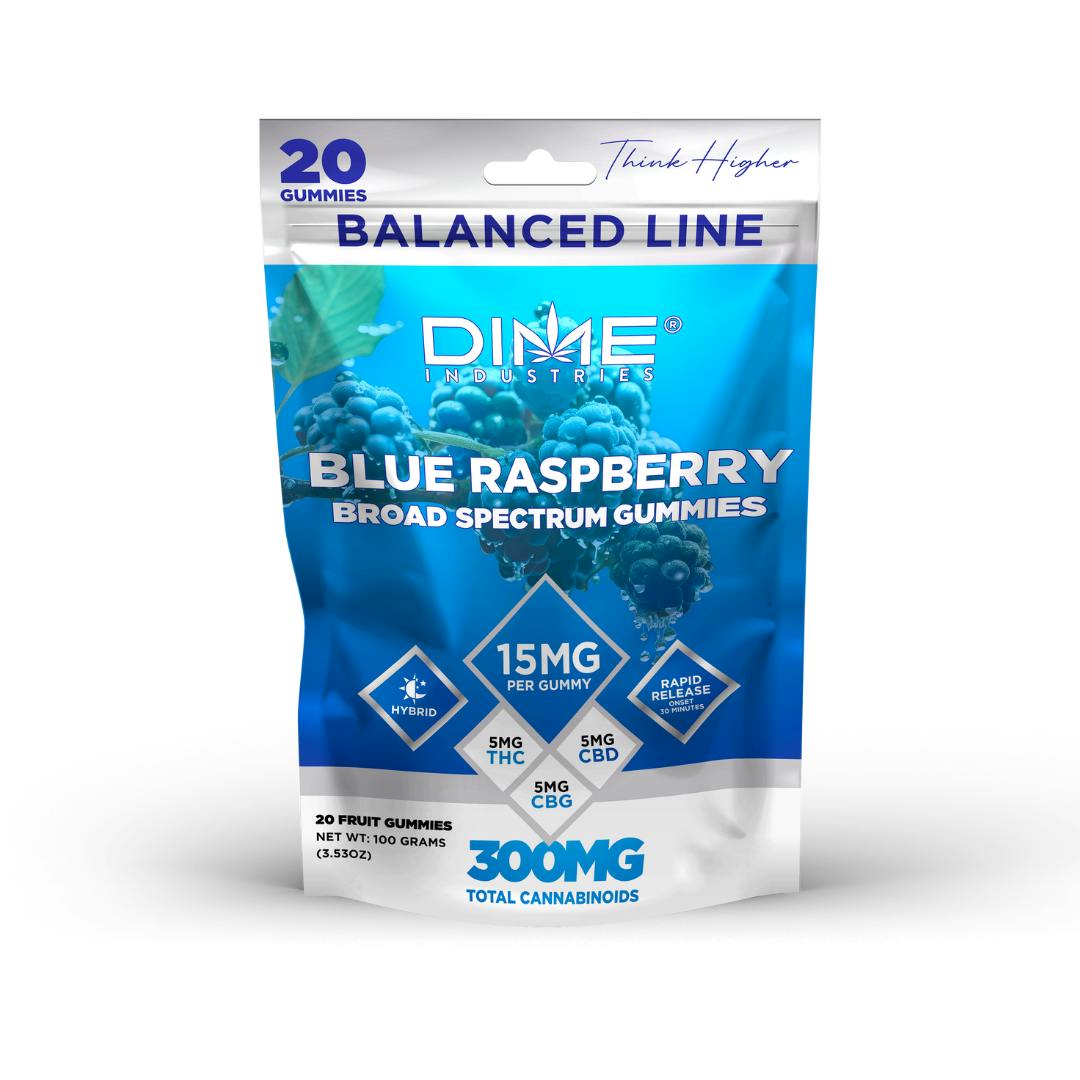 Photograph of product: Blue Raspberry 1:1:1 TH-oui:CBD:CBG  "Afternoon" GUMMIES 100mg - Dime Industries