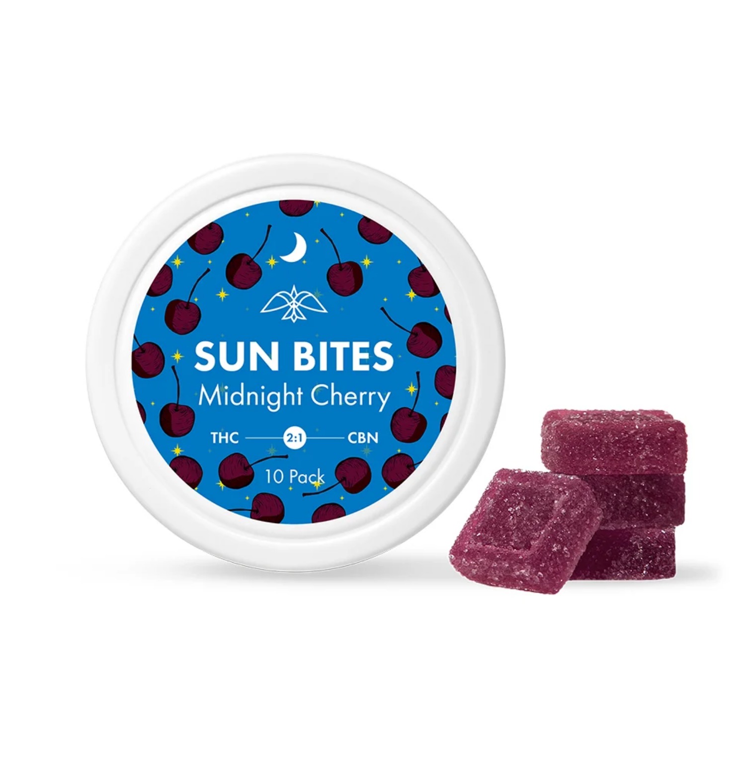 Photograph of product: Midnight Cherry 2:1 TH-oui:CBN Sunbites 110mg -10pk