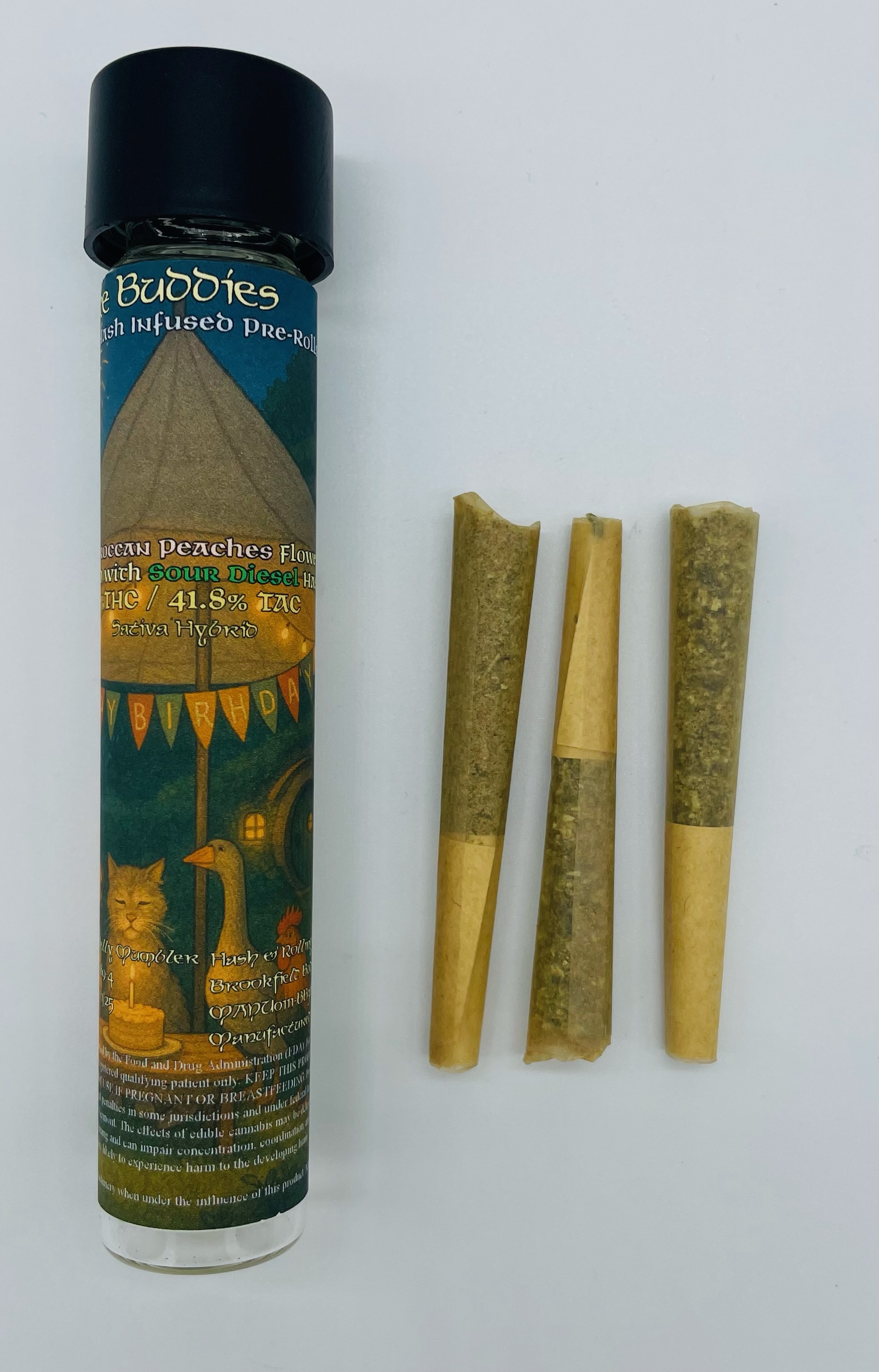 Photograph of product: Brookfield Buds | Adventure Buddy - Moroccan Peaches infused with Sour Diesel | Infused Pre-Roll | 3 x 0.5g | 36% TH-oui