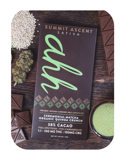 Photograph of product: Chocolate Bar | Summit Ascent Matcha Quinoa Crunch | 1:1 TH-oui:CBG | 5mg 20pk