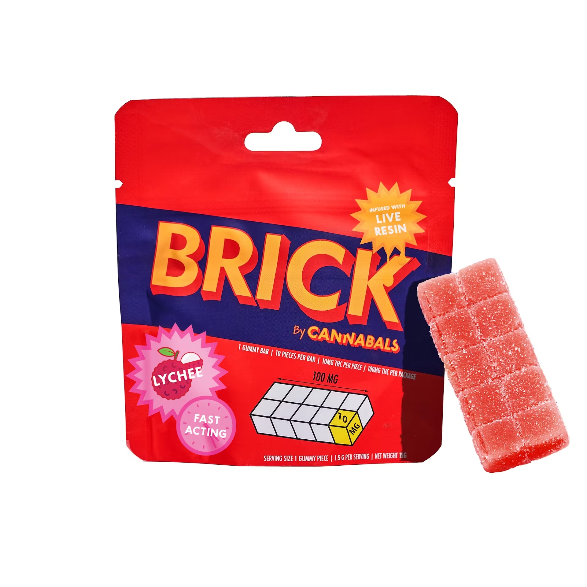 Photograph of product: CANNABALS BRICK | Gummies | 1pk | Hybrid | Lychee | Live Resin Infused | Fast Acting | 100mg