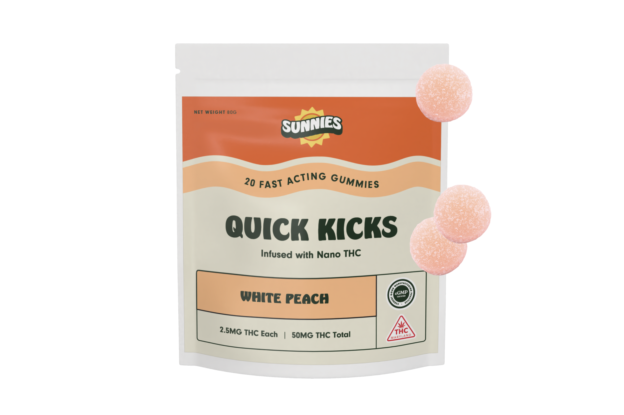 Photograph of Product: Sunnies White Peach Fast Acting Gummies 2.5mg