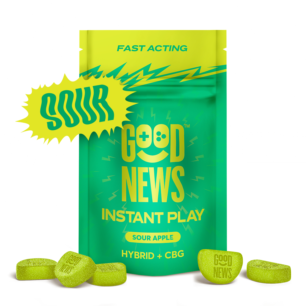 Photograph of product: GOOD NEWS Gummies Fast Acting 100mg: Instant Play Sour Apple 1:2 TH-oui:CBG 10pc