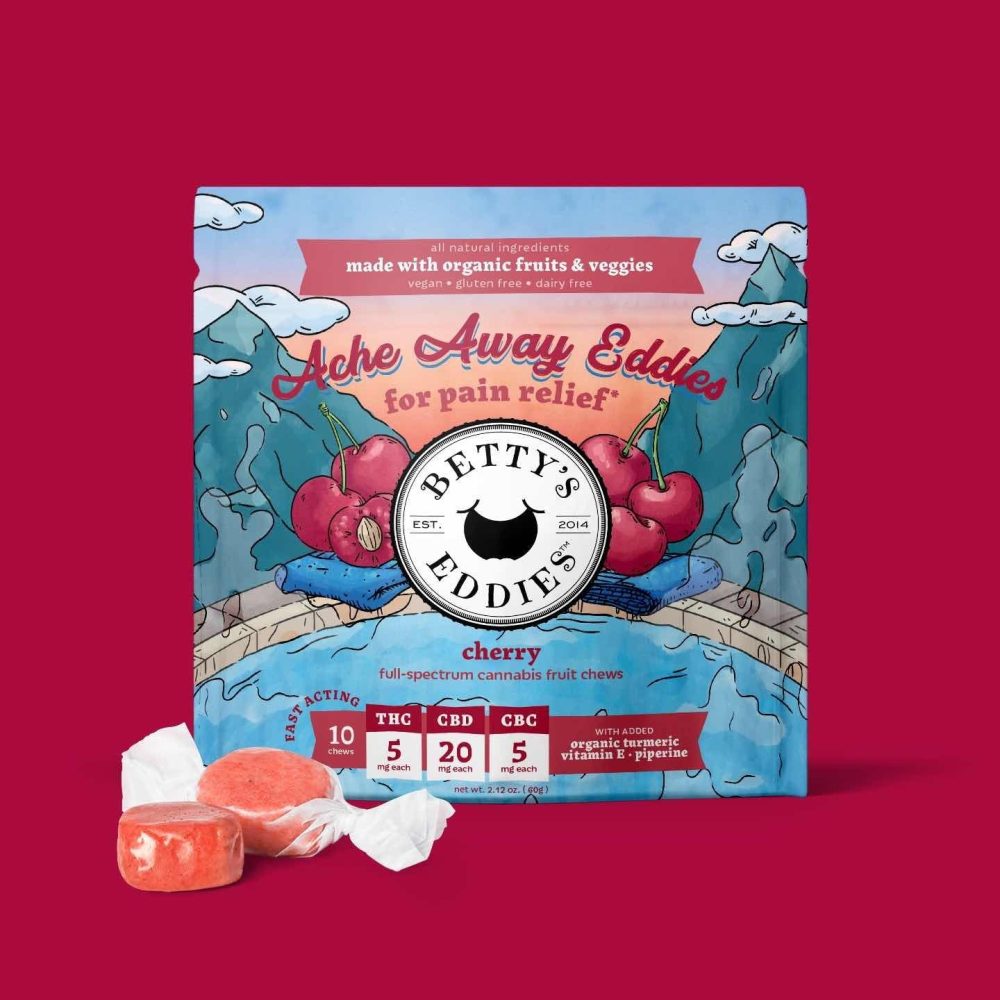 Photograph of product: 1:4:1 TH-oui/CBD/CBC Cherry Ache Away Eddies Fast Acting Fruit Chews 10pk | 50mg