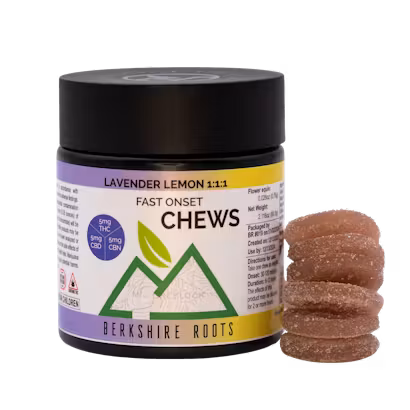 Photograph of product: Lavender Lemon 1:1:1 (TH-oui:CBD:CBN) - 20pk 100mg Fast Onset Chews - Berkshire Roots