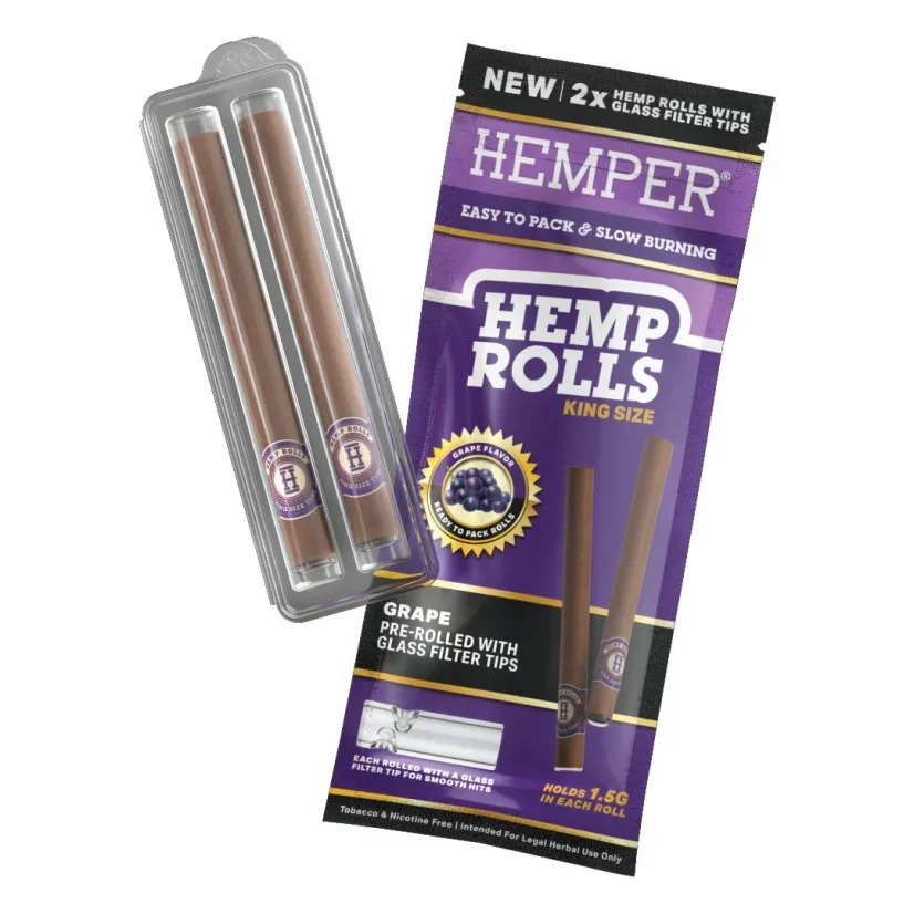 Photograph of product: Hemper | Cones | King Size Hemp Rolls w/ Glass Tip | Grape | 2 Pack