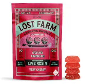 Photograph of product: Lost Farm Gummies Very Cherry x Sour Tangie 100mg Rosin 10 Pack
