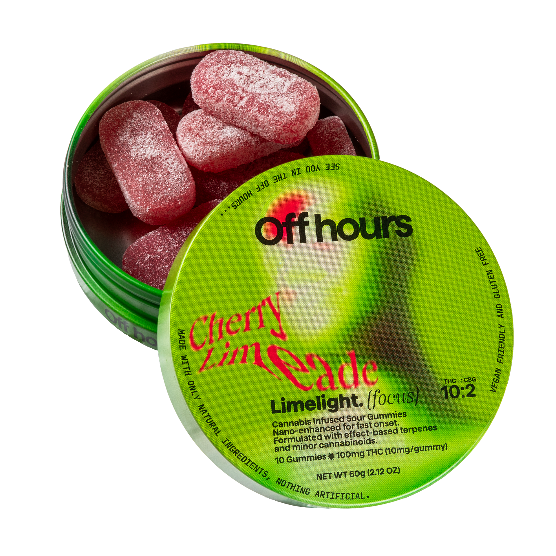 Photograph of product: Off Hours | Gummies | 10pk | Limelight | Cherry Limeade | Focus | Nano Enhanced | Vegan Friendly | Gluten Free | 100mg TH-oui : 20mg CBD : 20mg CBG
