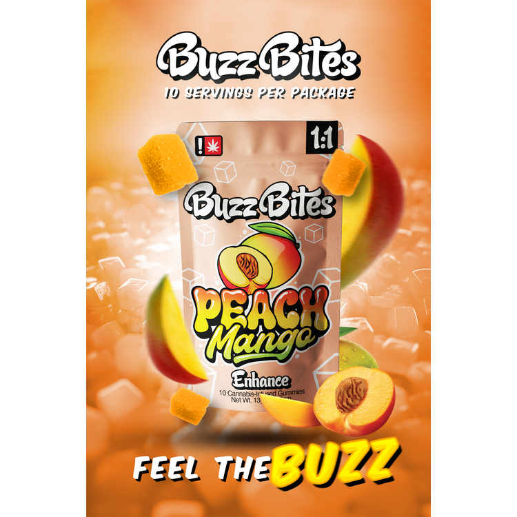 Photograph of product: Buzz Bites 100mg 1:1 Peach Mango Enhance