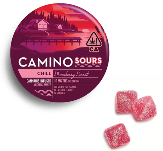 Photograph of product: *Promo* Kiva Confections | Camino Sours Strawberry Sunset 'Chill' Gummies | 100mg